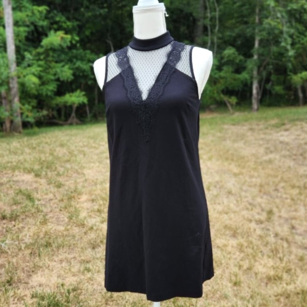 Black Lace-Trim Mini Dress with Mesh Yoke